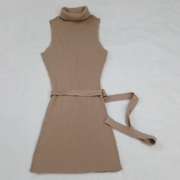 Tan Sleeveless Ribbed Turtle Neck Sweater Top Waist Belt - Picture 7 of 8